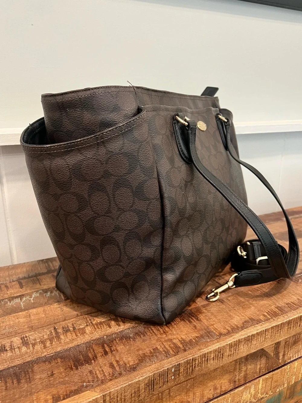 Signature Pattern Brown Diaper Tote Bag with Shoulder Strap